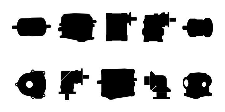 A set of ten industrial motor and gearbox equipment silhouettes with a grainy noise grungy texture effect for mechanical design projects