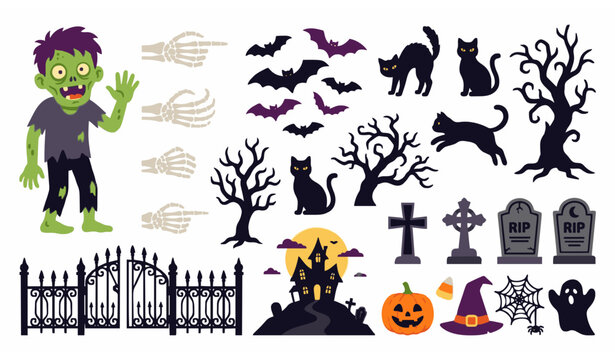 Halloween element vector set with zombie skeleton hands bats cat and cemetery icons