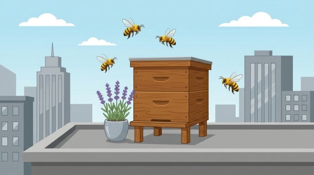 Urban beekeeping flourishes with bees buzzing around a rooftop hive and lavender plant.