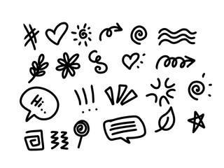 Fototapeta premium doodles set featuring hand drawn abstract elements, playful sketches, decorative icons, organic shapes, and artistic line illustrations. Perfect for stickers, planners, journals, scrapbooks, 