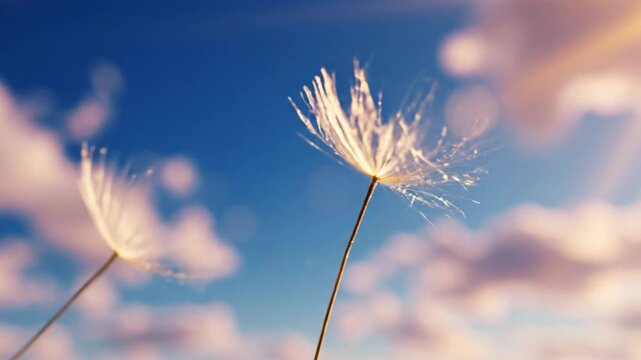 Delicate dandelion seed head floats against a vibrant blue sky with soft pink clouds illuminated by sunlight