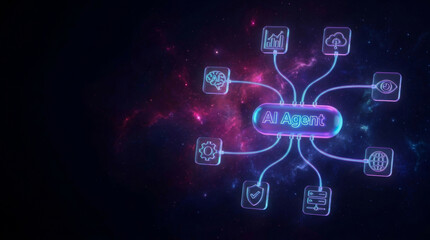 Obraz premium Ai agent workflow agentic system glowing neon hud galaxy background. intelligence solution management. future innovation system, assistant network process, automation technology