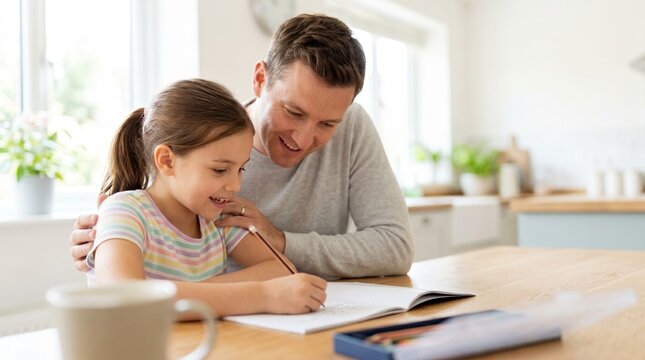 Pai ajudando filha com li&ccedil;&atilde;o de casa
