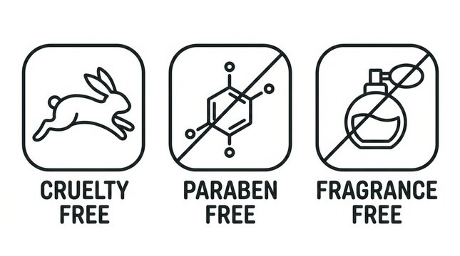 Three Certification Badges for Cruelty Free Paraben Free and Fragrance Free Products.