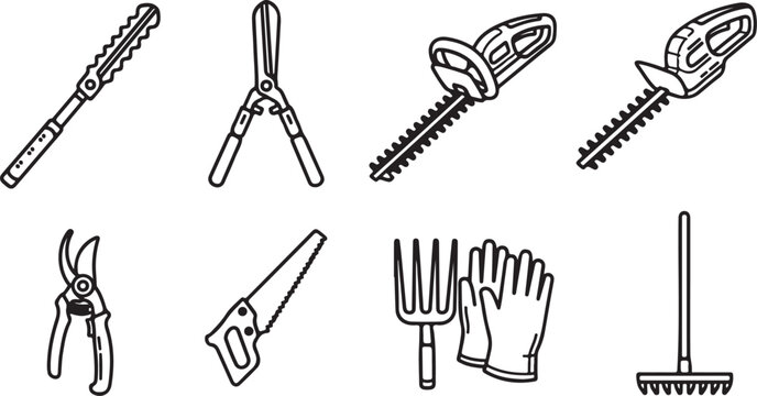 Set of eight essential gardening and yard tools in black and white Vector