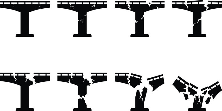 Damaged bridge collapse stages silhouette collection illustrating infrastructure failure and structural disaster sequence icons