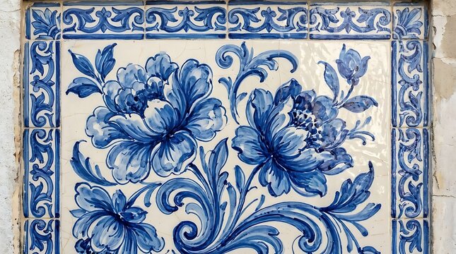 Blue and white floral ceramic tile art with ornate border