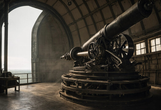 Large antique telescope inside a historic observatory dome with a wide arched opening showing a cloudy sky and a wooden floor in the room