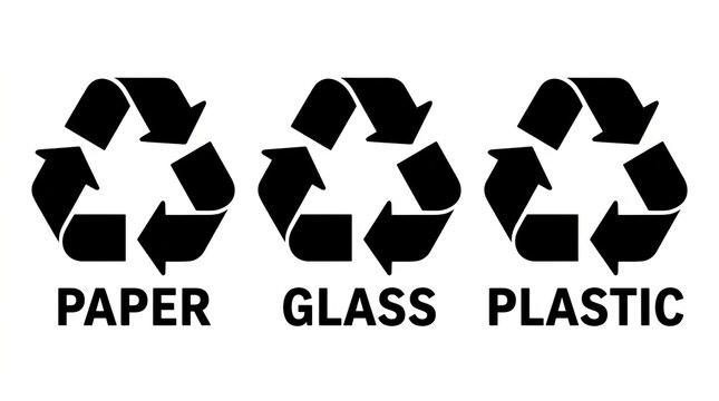 Three universal recycling symbols for paper, glass, and plastic against a white background.