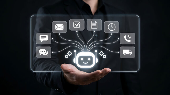 Businessman holding AI chatbot assistant with multi task customer support icons screen