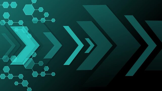 Abstract chevron arrows pointing right with hexagonal network pattern on dark gradient background animation