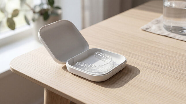 Clear aligners resting gently in their pristine white case on a light wooden table near a sunlit window