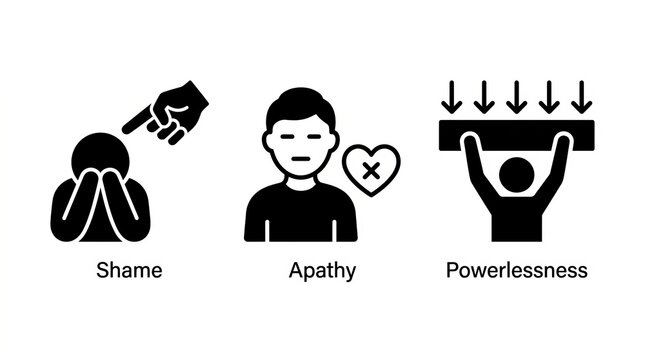 Icons representing shame, apathy, and powerlessness, conveying negative emotions and mental states.
