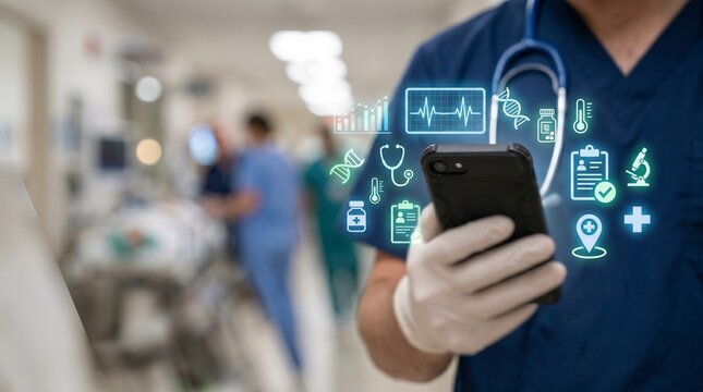 M&eacute;dico usando smartphone com &iacute;cones m&eacute;dicos virtuais em um hospital