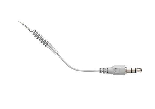 Grey audio jack cable with coiled wire isolated on white background