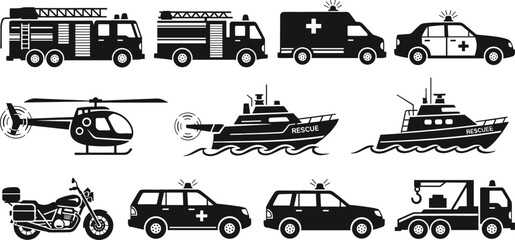 Emergency Services and Rescue Vehicles Icon Set Featuring Fire Trucks Ambulance Police Cars Helicopter Patrol Boats Motorcycle and Tow Truck Vector Silhouettes © Hosneara