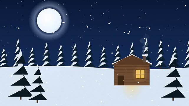 Pixel Art Winter Night Landscape with Cozy Cabin and Falling Snow