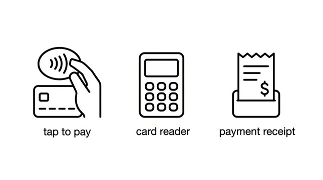 Contactless payment process with card, reader, and receipt icons