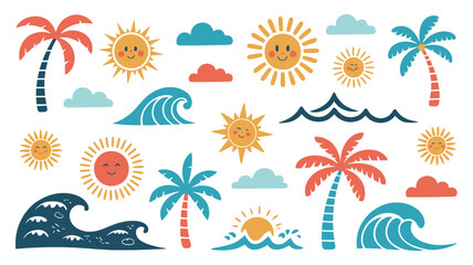 Summer doodle icons featuring hand drawn palm trees, smiling suns, ocean waves, and clouds in a flat vector style for tropical vacation and travel themes. © ARIF AHMED 02
