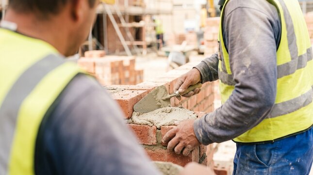 Pedreiros em um canteiro de obras construindo uma parede de tijolos com argamassa.