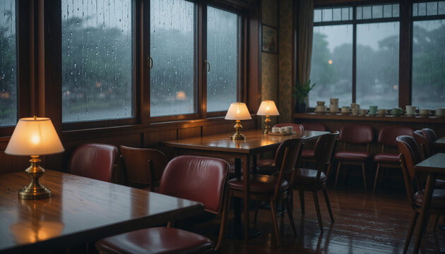 Rainy day inside a vintage Japanese cafe with raindrops on window, cozy retro interior