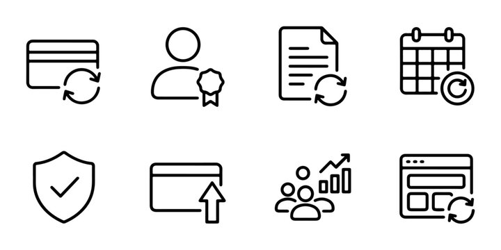 Subscription icon set outline recurring payment badge calendar for SaaS app UI