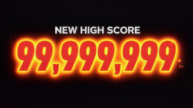A captivating digital display shows 'NEW HIGH SCORE' with a massive glowing red number 99,999,999 against a black background, symbolizing ultimate victory and achievement.