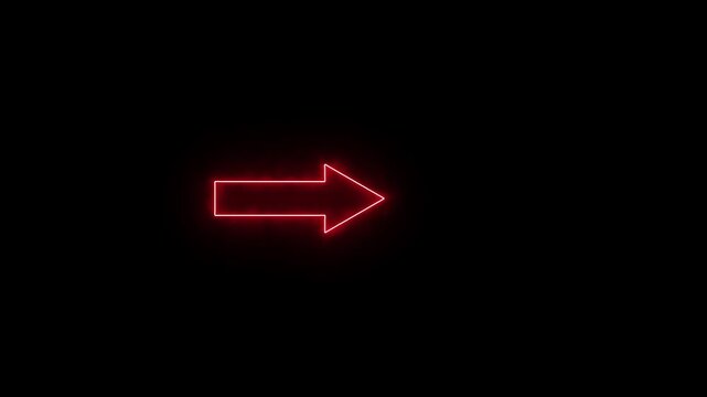 Glowing neon red arrow sign pointing right, minimalist digital pointer animation on black background.