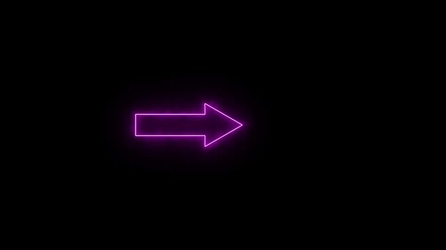 Glowing purple neon arrow sign pulsing on black background, minimalist digital pointer animation for UI and directional.