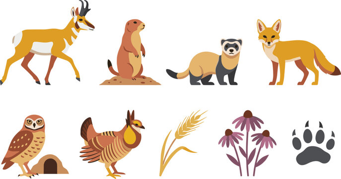 Prairie Wildlife and Native Plant Vector Collection Featuring Pronghorn Prairie Dog Ferret Fox Owl Grouse and Nature Elements