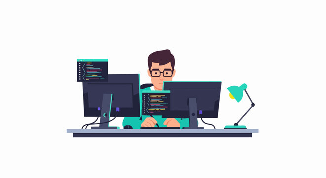Software Developer Programmer Man Coding on Dual Monitors Vector Illustration. Modern IT Professional Working at Office Desk with Computer Screens and Code.