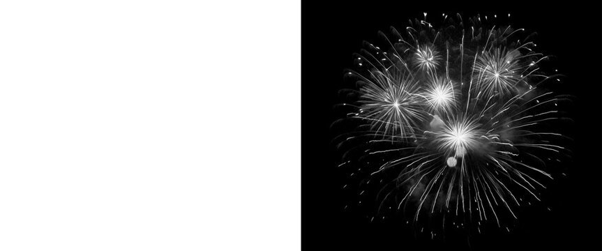 Monochrome fireworks explosion on black background, white firework burst with alpha channel mask, festive pyrotechnics display for compositing