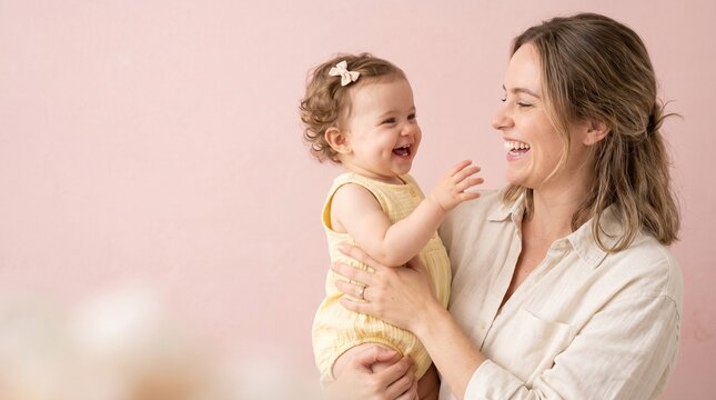 M&atilde;e e beb&ecirc; sorrindo juntas em um est&uacute;dio com fundo rosa.
