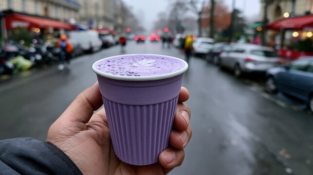 Paris France Europe lifestyle. A hand holds a purple paper cup filled with a frothy beverage. The cup has a white rim and a leaf design on the top.