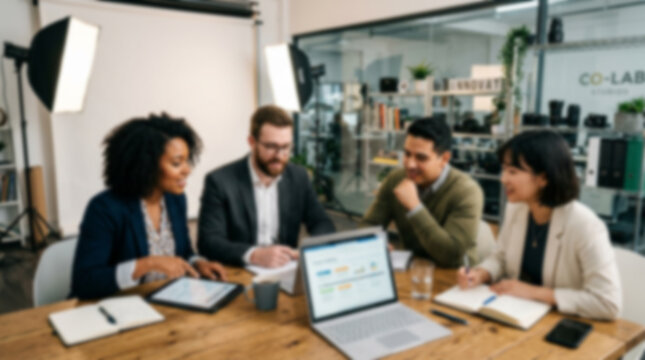 Soft focus blurred photo of Diverse professional business team having a collaborative meeting in a modern office using laptop and tablets