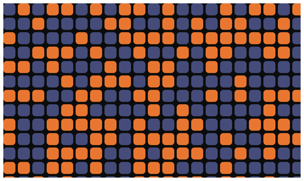 Bold orange and deep blue square mosaic background with random geometric arrangement on black base.