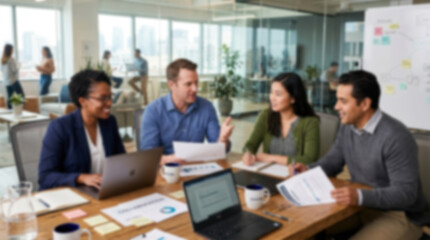 Fototapeta premium Soft focus blurred photo of Diverse professional business team having a meeting and working together on a project in a modern office