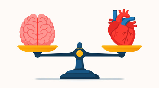 Flat vector illustration of a balance scale perfectly weighting a human brain against a heart, symbolizing the harmony between logic and emotion, rational thinking, and deep human feelings.