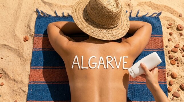 Pessoa com protetor solar escrito ALGARVE nas costas na praia