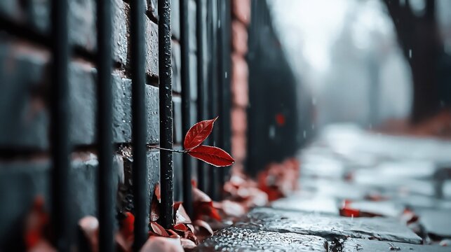 Close-up of a red maple leaf caught between prison bars on a wet surface.