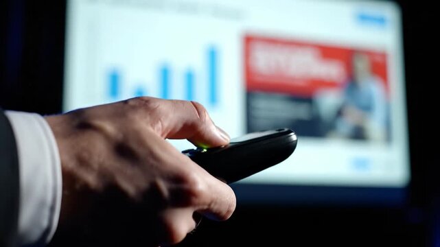 Close-up of a businessman hand holding a remote clicker. The background shows a blurred screen with business charts. Great for corporate training, presentation, and marketing concepts.