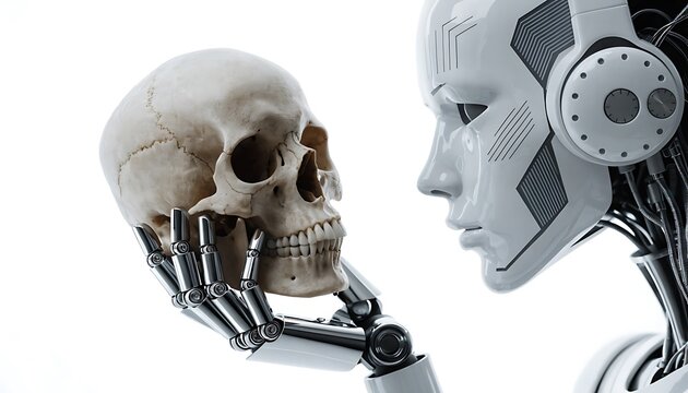 Human skull and robotic head in profile against a white background a conceptual 3d rendering artificial intelligence automation biomechatronics