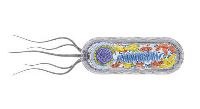 Detailed 3D Visualization of a Prokaryotic Bacterial Cell Structure with Flagella Showing Internal Organelles and DNA Strands for Scientific Research