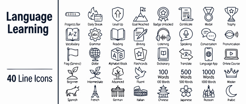 Comprehensive set of 40 language learning line icons featuring progress badges, educational symbols, international flags, and academic achievements in a clean monoline outline vector style.
