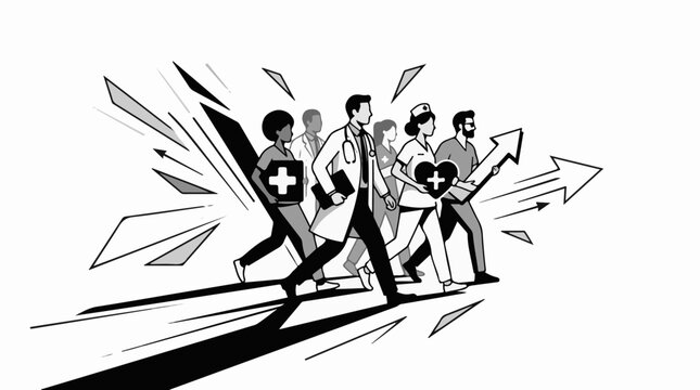 A group of medical professionals in a dynamic pose
