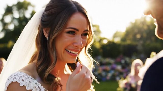 Emotional Bride Crying Tears of Joy During Outdoor Wedding Ceremony