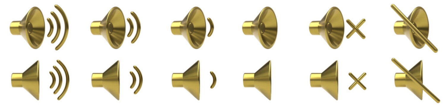 Vector set of golden speaker. Sound speaker symbol signs for sound on, loud, medium, low and sound off, mute, no sound. Gold audio speaker icon for volume control, audio and sound output. Isolated 3d.