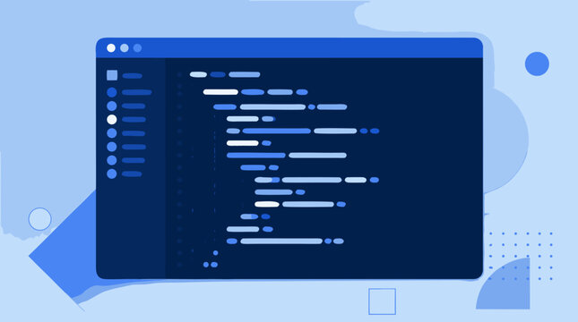 Abstract programming code window interface flat vector illustration featuring colorful syntax highlighting and clean minimalist design on a light background for software development technology.