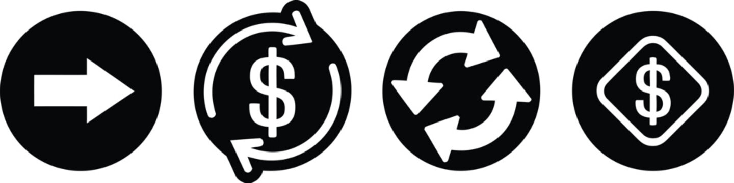 Financial transfer solid glyph icon set with money exchange dollar sign refresh arrows and payment refund interface button symbols.