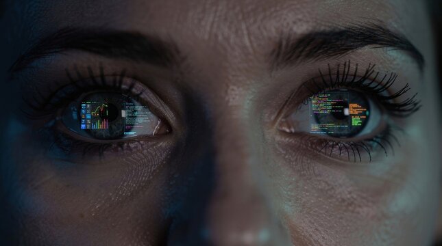 Person's Eyes Reflecting Computer Code